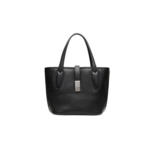 Black Women's Vegetable Tanned Leather Bucket Bag Minimalist Crossbody Handbag with Inner Canvas Pouch for V888-ELOSUNG38899