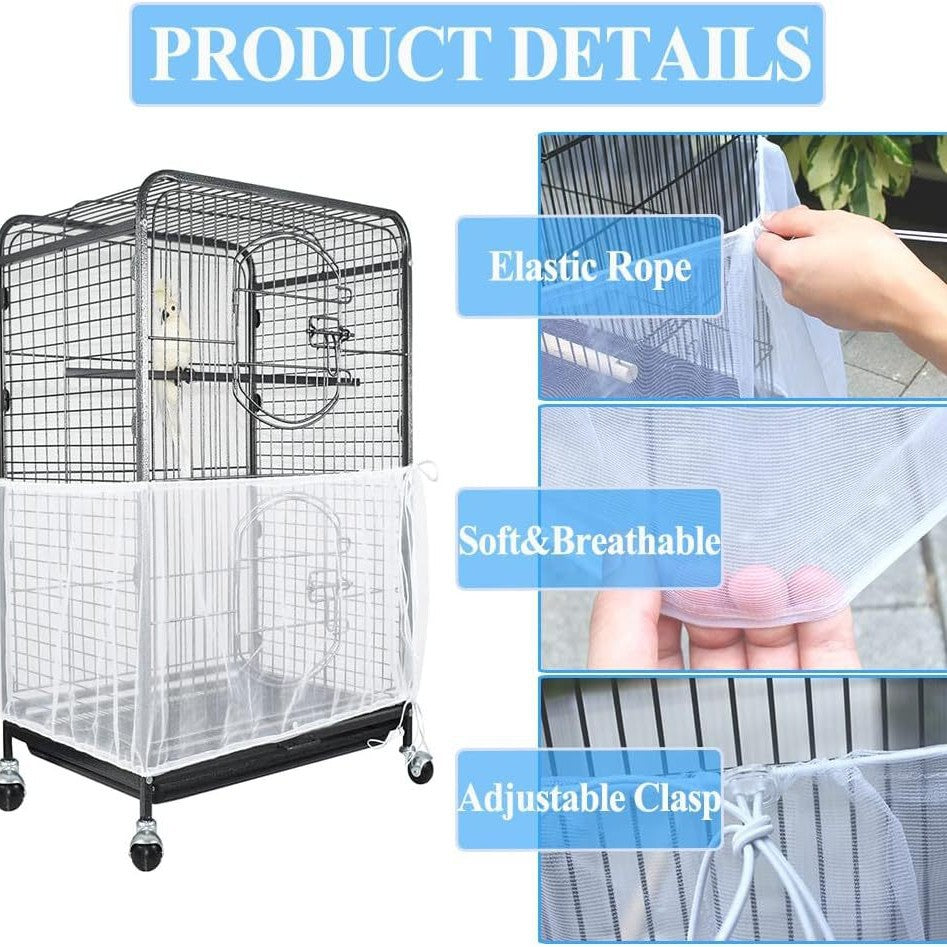 S White[Height 17, Circumference 110] Large Bird Cage Seed Catcher Net Cover - Adjustable Mesh Guard V888-ELOSUNG38901