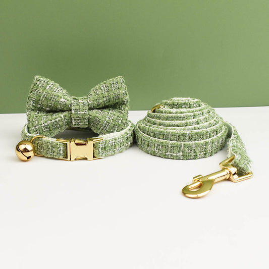 L Green 3 Piece Luxury Tweed Cat Collar and Leash Set with Removable Bow Tie & Bell Adjustable Neck Strap for V888-ELOSUNG38957