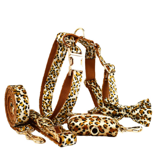 S Luxury 5 Piece Dog Harness and Collar Set Leopard Print with Leash Bow Tie & Waste Bag Holder Gold Metal V888-ELOSUNG38963
