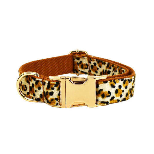 L Luxury 5 Piece Dog Harness and Collar Set Leopard Print with Leash Bow Tie & Waste Bag Holder Gold Metal V888-ELOSUNG38965