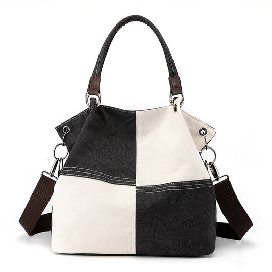 Black Women's Canvas Patchwork Tote Bag Large Capacity Shoulder Handbag Fits A4 Magazine Adjustable Crossbody V888-ELOSUNG38989