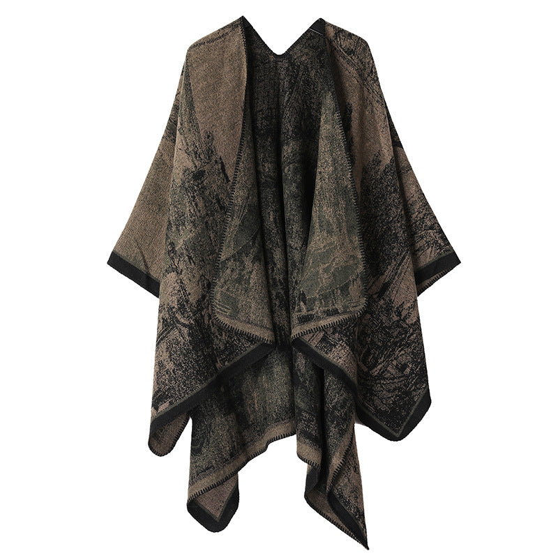 Faux Cashmere Shawl (Qingming Scroll Print) - Black Brown Green, 160*135cm V888-ELOSUNG39018