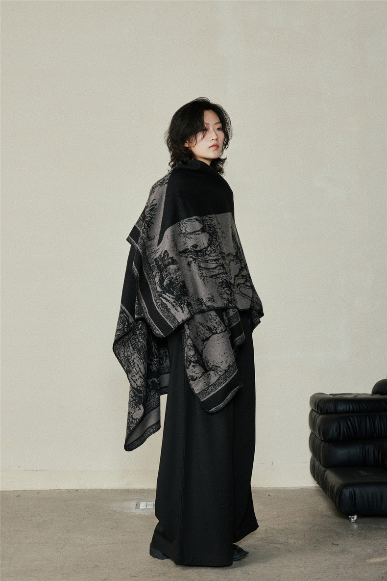 Faux Cashmere Shawl (Qingming Scroll Print) - Black Brown Green, 160*135cm V888-ELOSUNG39018