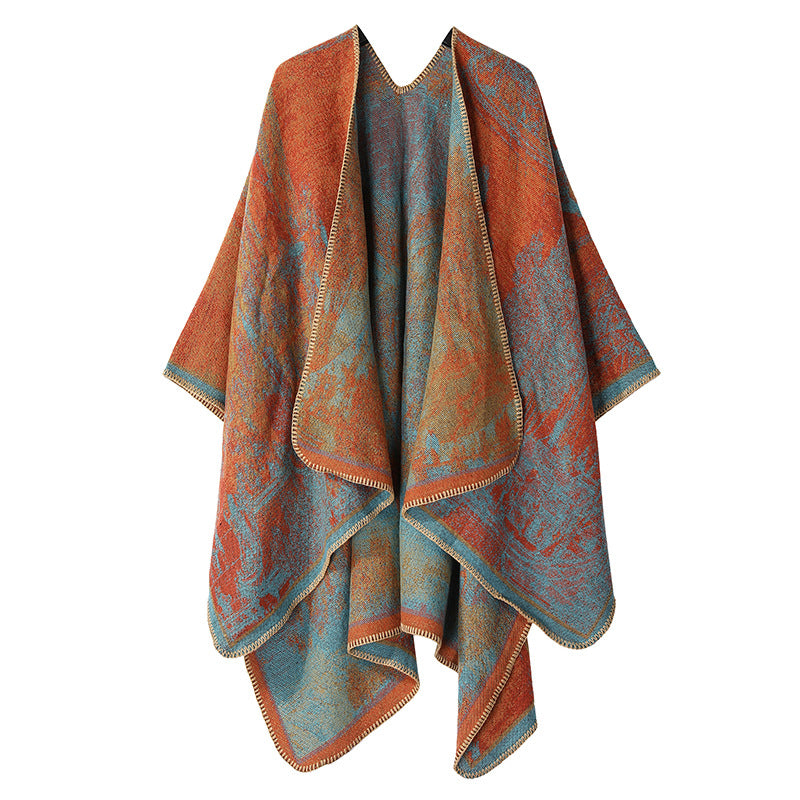 Faux Cashmere Shawl (Qingming Scroll Print) - Orange Blue, 160*135cm V888-ELOSUNG39019