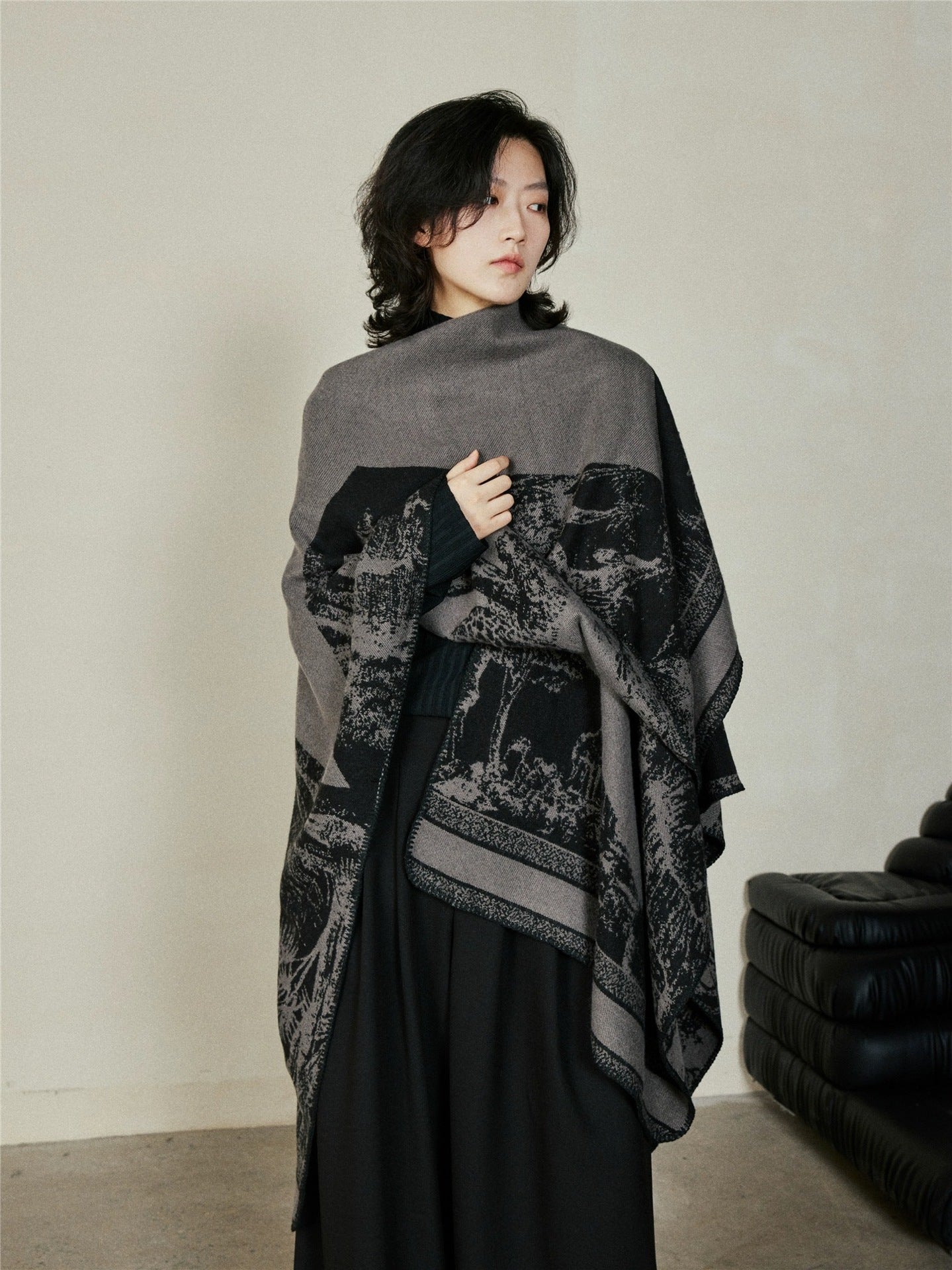 Faux Cashmere Shawl (Qingming Scroll Print) - Orange Blue, 160*135cm V888-ELOSUNG39019