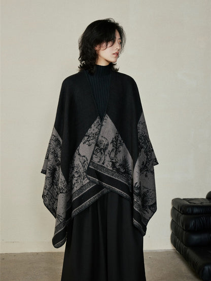 Faux Cashmere Shawl (Qingming Scroll Print) - Orange Blue, 160*135cm V888-ELOSUNG39019