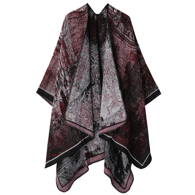 Faux Cashmere Shawl (Qingming Scroll Print) - Black Red, 160*135cm V888-ELOSUNG39020