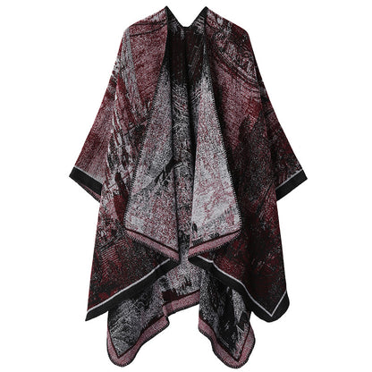 Faux Cashmere Shawl (Qingming Scroll Print) - Black Red, 160*135cm V888-ELOSUNG39020