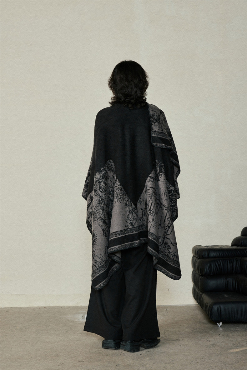 Faux Cashmere Shawl (Qingming Scroll Print) - Black Red, 160*135cm V888-ELOSUNG39020
