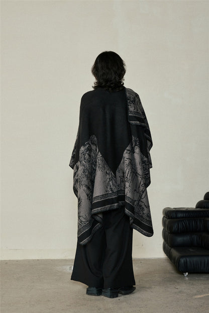 Faux Cashmere Shawl (Qingming Scroll Print) - Black Red, 160*135cm V888-ELOSUNG39020
