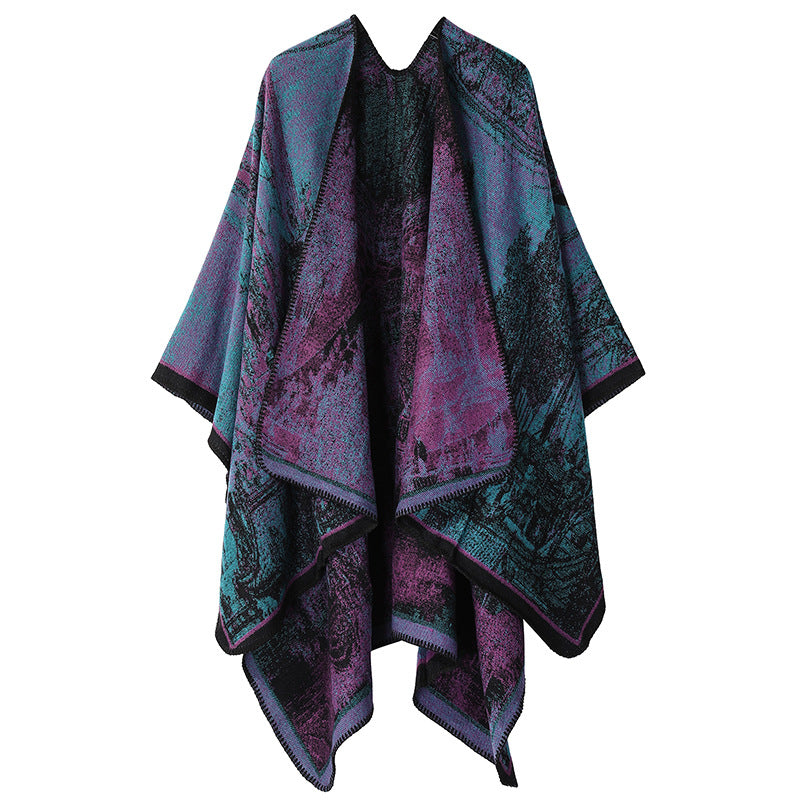 Faux Cashmere Shawl (Qingming Scroll Print) - Purple Cyan, 160*135cm V888-ELOSUNG39021