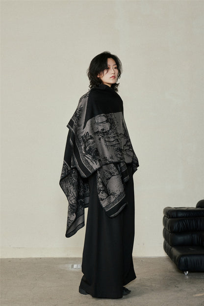 Faux Cashmere Shawl (Qingming Scroll Print) - Purple Cyan, 160*135cm V888-ELOSUNG39021