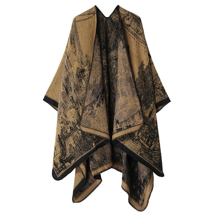 Faux Cashmere Shawl (Qingming Scroll Print) - Yellow Brown, 160*135cm V888-ELOSUNG39022