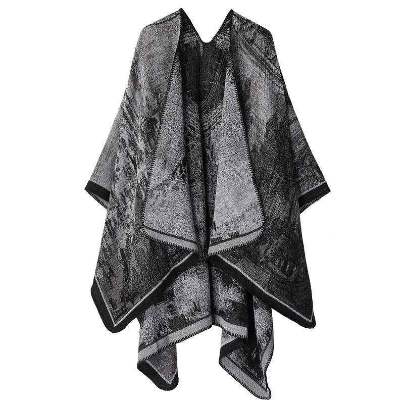 Faux Cashmere Shawl (Qingming Scroll Print) - Black Gray, 160*135cm V888-ELOSUNG39023