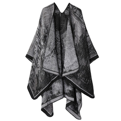 Faux Cashmere Shawl (Qingming Scroll Print) - Black Gray, 160*135cm V888-ELOSUNG39023