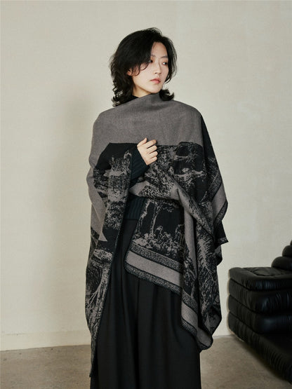 Faux Cashmere Shawl (Qingming Scroll Print) - Black Gray, 160*135cm V888-ELOSUNG39023