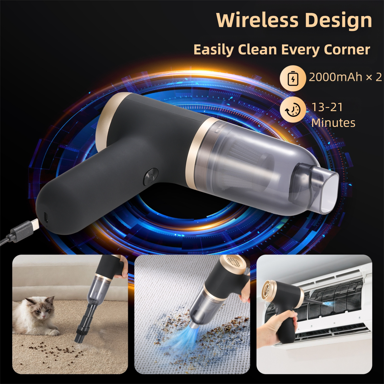 Black Portable 2-in-1 Cordless Vacuum Duster Kit with 2 Attachments V888-ELOSUNG39081