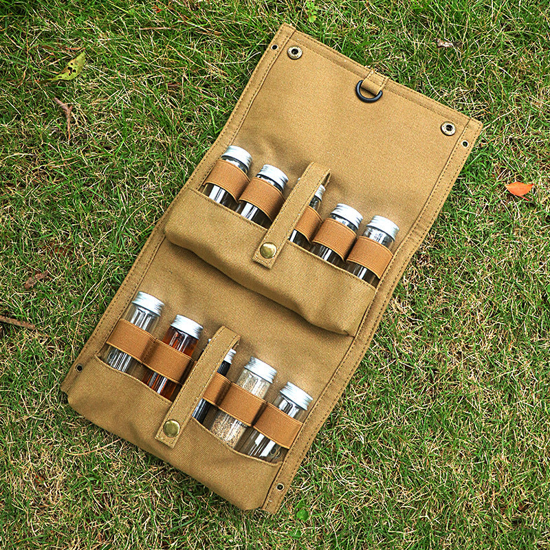 Khaki canvas spice storage box (9.1 x 4.7 x 2.8 inches) With 10 bottles V888-ELOSUNG39087