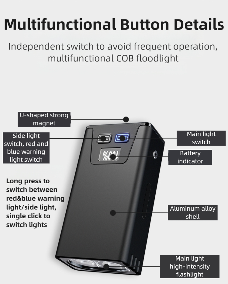 Pink-Blue Magnetic Flashlight: Spotlight, COB Flood, Red&Blue Warning V888-ELOSUNG39097