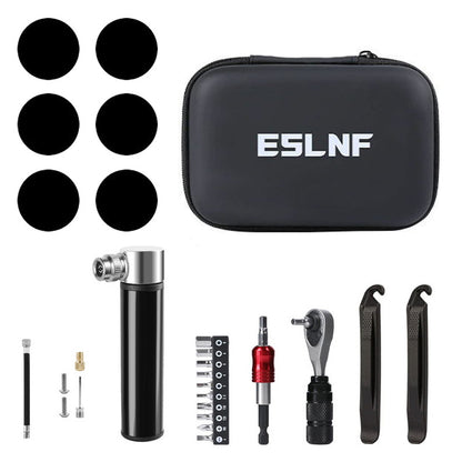 Compact Bicycle Ratchet Tool Kit With Tire Patch & Black Mini Pump V888-ELOSUNG39127
