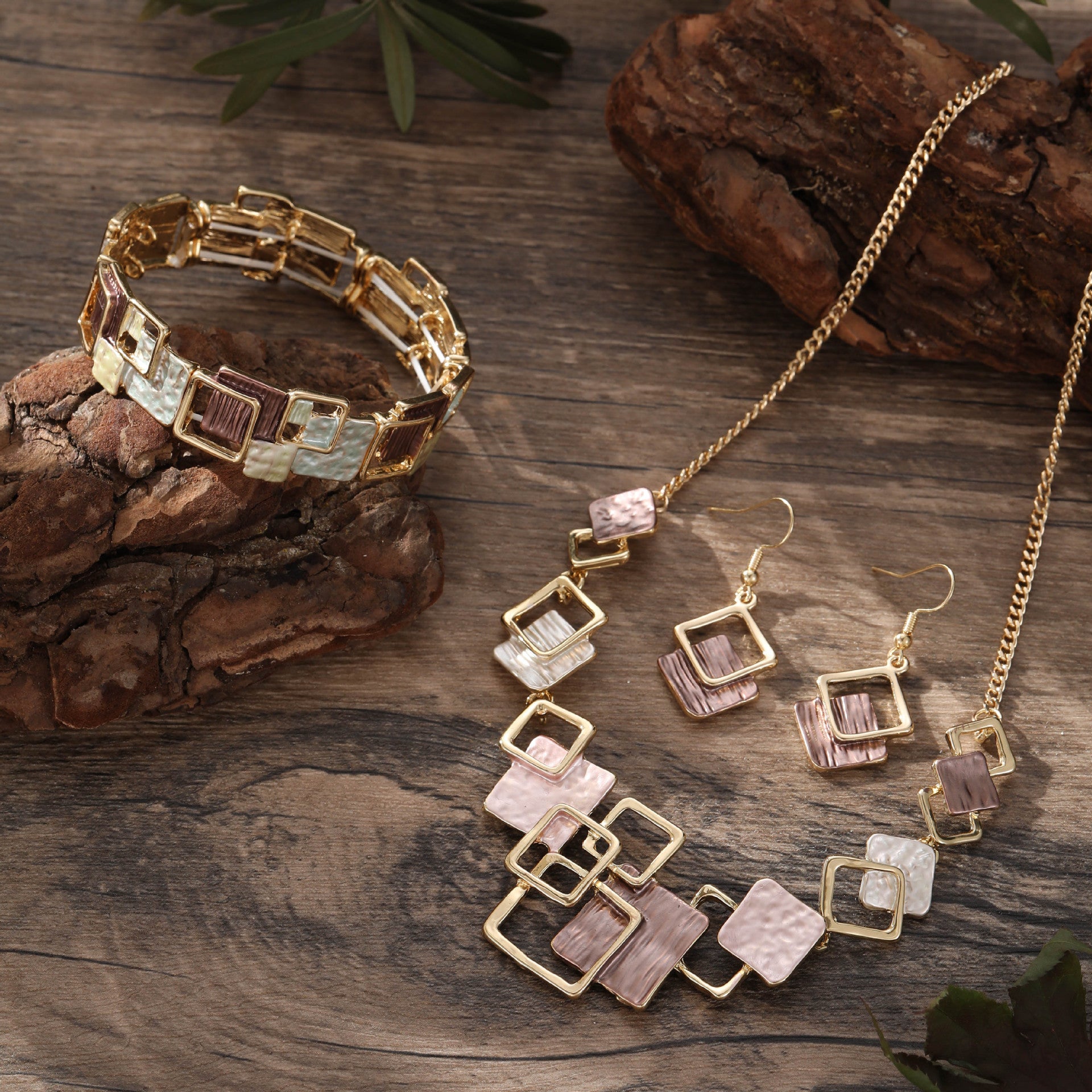 Geometric Inlay Earrings Necklace Bracelet Jewelry Set x 2 - Peacock Green & Brown V888-ELOSUNG39143