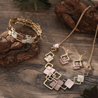 Geometric Inlay Earrings Necklace Bracelet Jewelry Set x 2 - Peacock Green & Brown V888-ELOSUNG39143