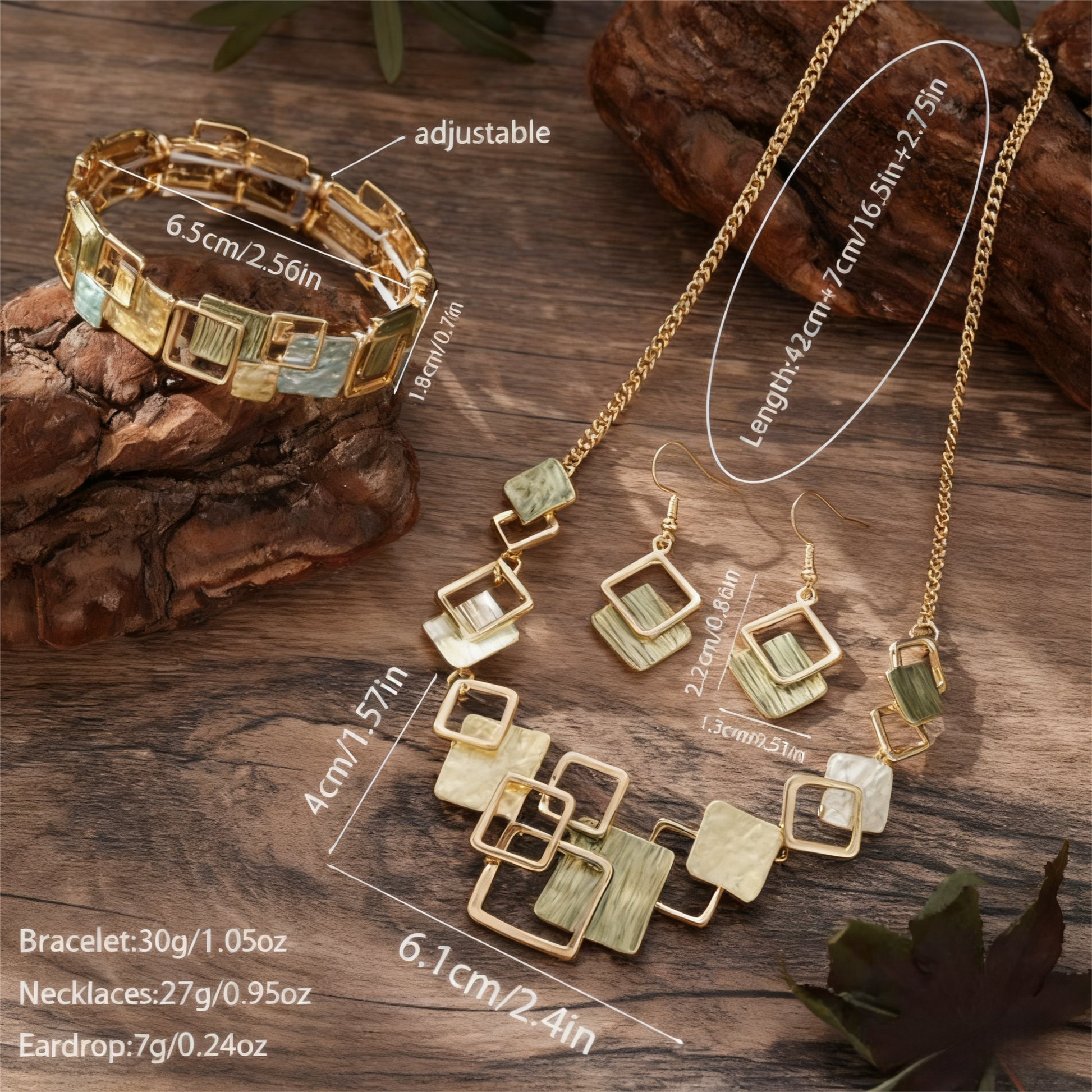 Geometric Inlay Earrings Necklace Bracelet Jewelry Set x 2 - Peacock Green & Brown V888-ELOSUNG39143