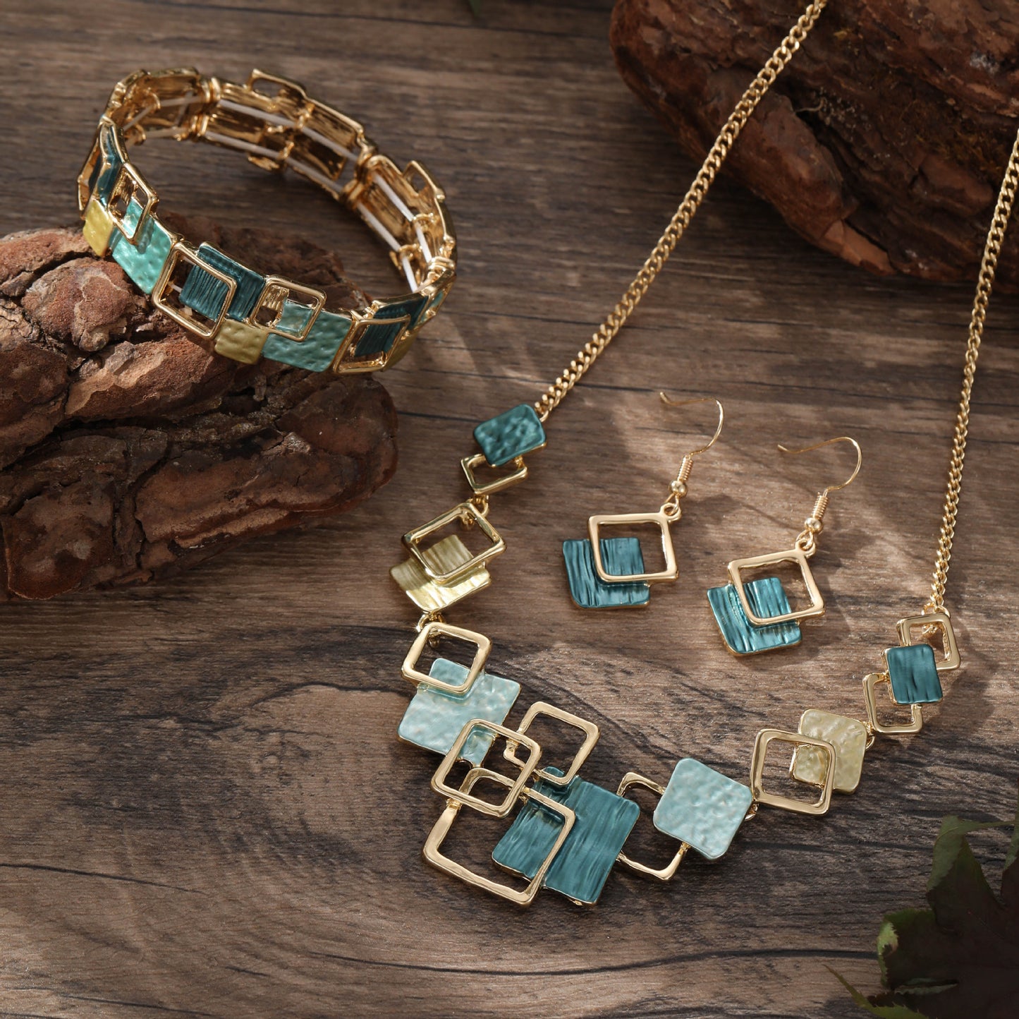 Geometric Inlay Earrings Necklace Bracelet Jewelry Set x 2 - Peacock Green & Pink V888-ELOSUNG39144