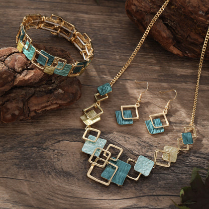 Geometric Inlay Earrings Necklace Bracelet Jewelry Set x 2 - Peacock Green & Pink V888-ELOSUNG39144