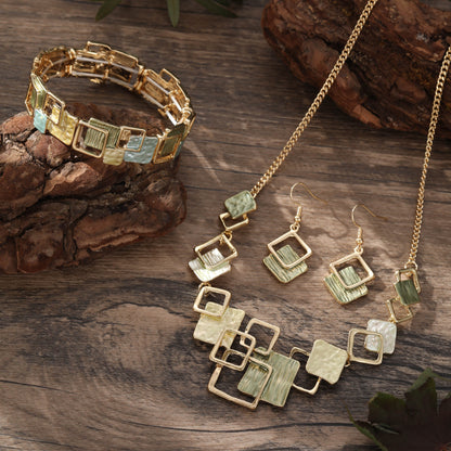 Geometric Inlay Earrings Necklace Bracelet Jewelry Set x 2 - Light Green & Brown V888-ELOSUNG39145