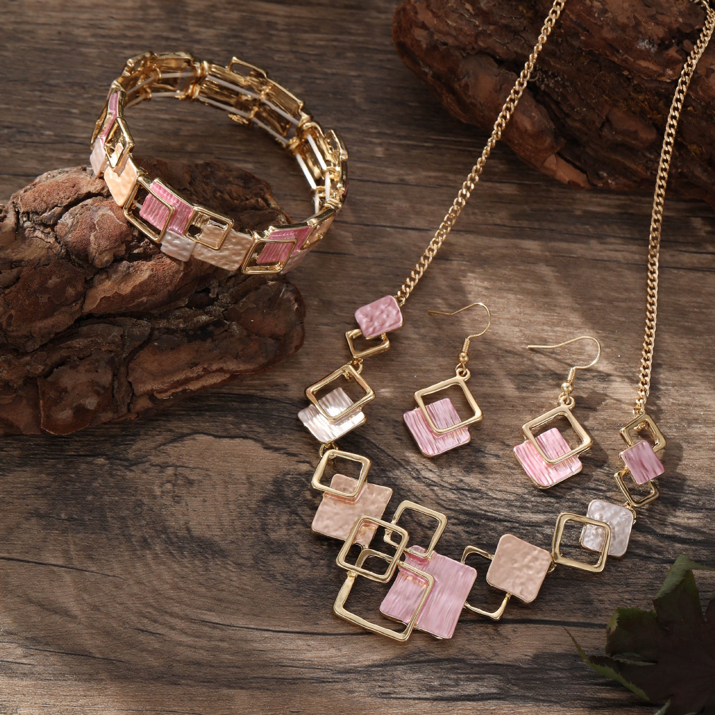 Geometric Inlay Earrings Necklace Bracelet Jewelry Set x 2 - Light Green & Pink V888-ELOSUNG39146