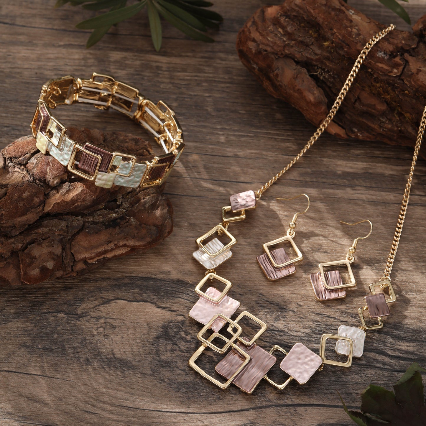Geometric Inlay Earrings Necklace Bracelet Jewelry Set x 2 - Brown & Pink V888-ELOSUNG39147
