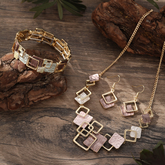 Geometric Inlay Earrings Necklace Bracelet Jewelry Set x 2 - Brown & Pink V888-ELOSUNG39147