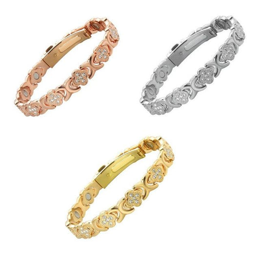3-Pack 13cm Clover Magnetic Bracelet Set - Rose Gold/Gold/Silver Tone,Crystal Inlay for Women V888-ELOSUNG391671