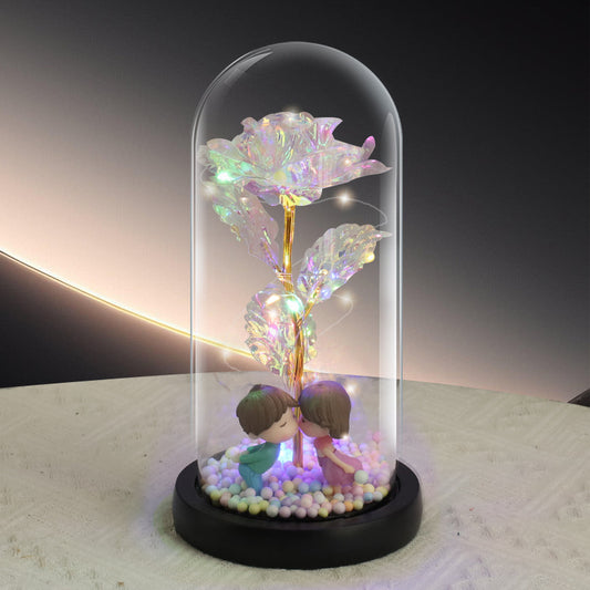 Kissing Couple Figurine Colorful Rose LED Light - Anniversary Flower Gift in Glass Dome for Her, Mom, or V888-ELOSUNG39191
