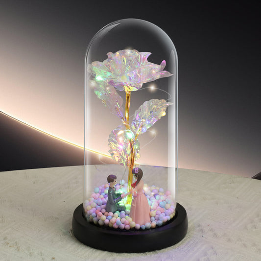 Proposal Couple Figurine Colorful Rose LED Light - Anniversary Flower Gift in Glass Dome for Her, Mom, or V888-ELOSUNG39192