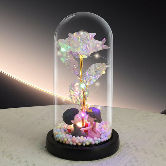 Wedding Couple Figurine Colorful Rose LED Light - Anniversary Flower Gift in Glass Dome for Her, Mom, or V888-ELOSUNG39193