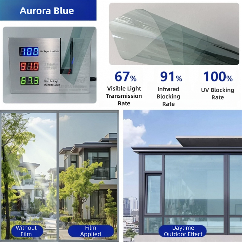 Premium 6-Layer Aurora Blue Window Film for Home/Office - Reflective One-Way Privacy, 50cm x 2m One Roll, UPF V888-ELOSUNG39205