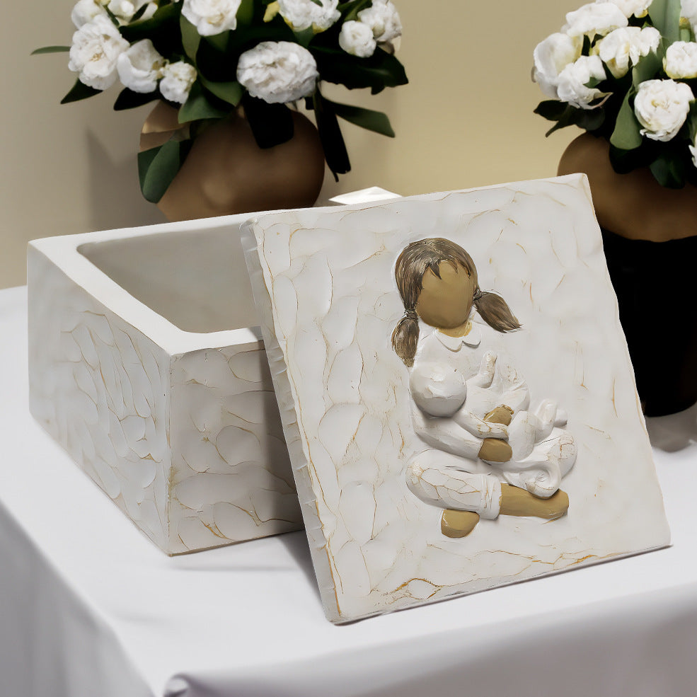 Resin Pet Urn Keepsake Box(8.5*8.5*5.3CM) - Child Hugging Cat Cremation Memorial V888-ELOSUNG39226