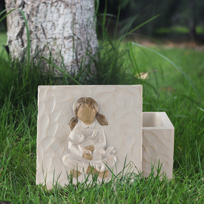 Resin Pet Urn Keepsake Box(8.5*8.5*5.3CM) - Child Hugging Cat Cremation Memorial V888-ELOSUNG39226