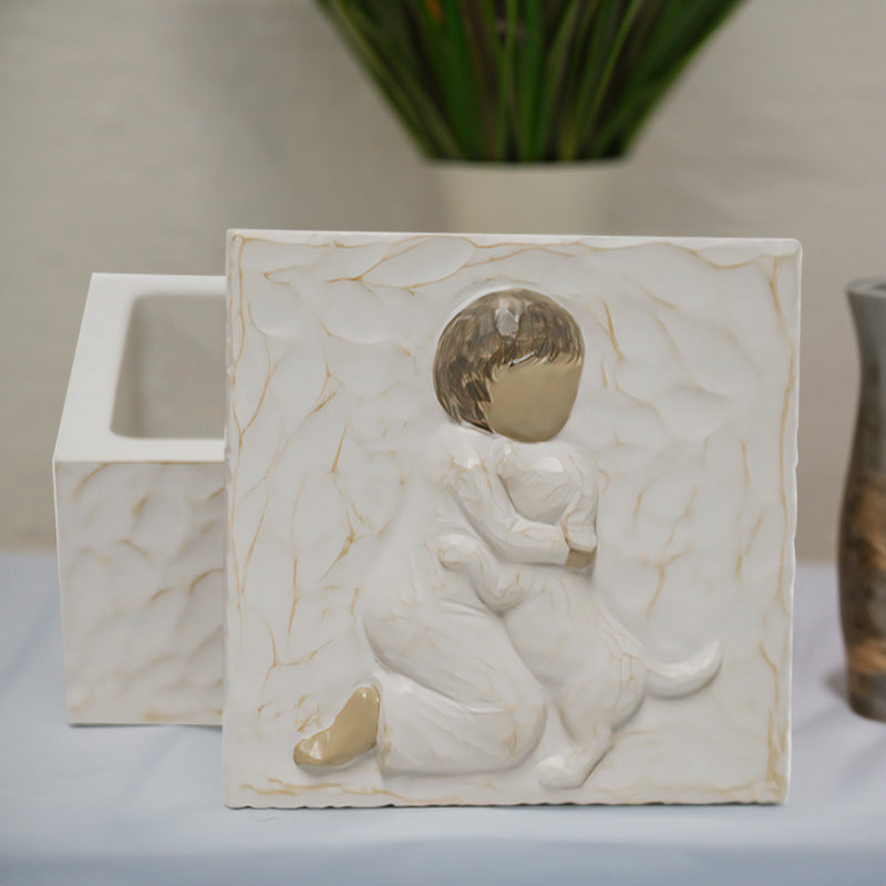 Resin Pet Urn Keepsake Box(8.5*8.5*5.3CM) - Child Hugging Dog Cremation Memorial V888-ELOSUNG39227