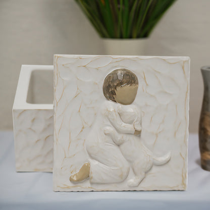 Resin Pet Urn Keepsake Box(8.5*8.5*5.3CM) - Child Hugging Dog Cremation Memorial V888-ELOSUNG39227