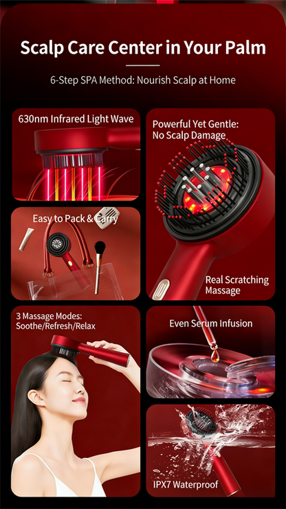 Red Luxury Red-Light Therapy Electric Scalp Massager Comb with Liquid Applicator - 3 Modes Vibration for Hair V888-ELOSUNG39272