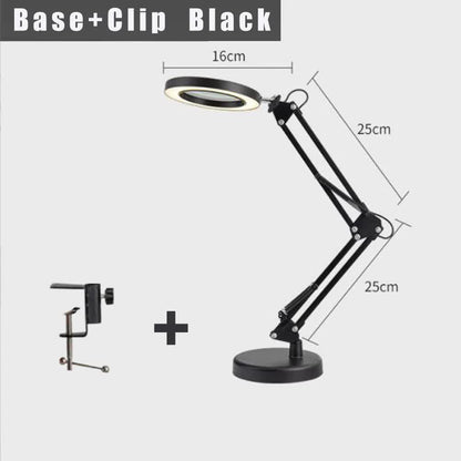 2-in-1 Black LED Magnifier Desk Lamp With Base and Clip - Hands-Free, Dimmable 3-Color Light for Crafts & V888-ELOSUNG393010
