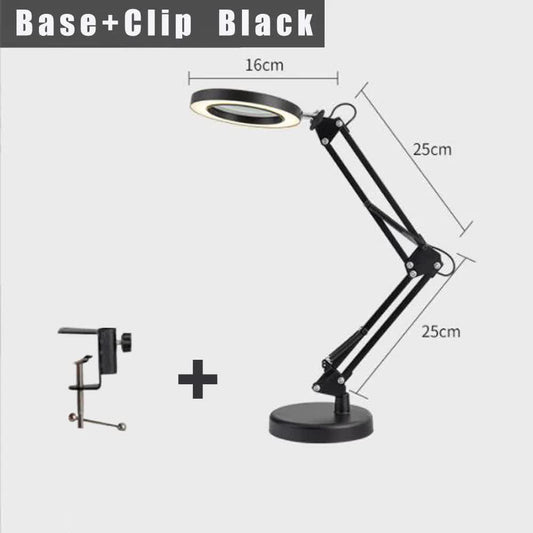 2-in-1 Black LED Magnifier Desk Lamp With Base and Clip - Hands-Free, Dimmable 3-Color Light for Crafts & V888-ELOSUNG393010