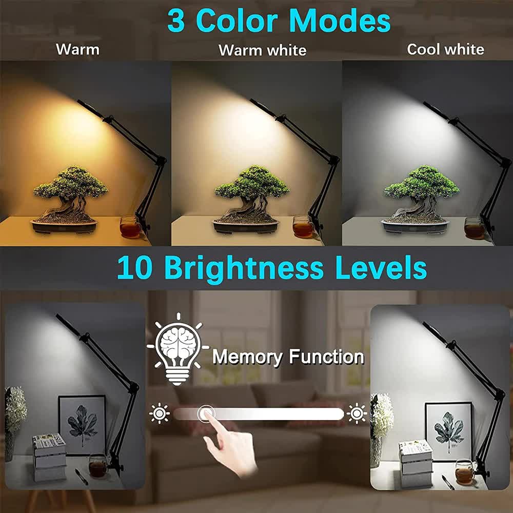 2-in-1 Black LED Magnifier Desk Lamp With Base and Clip - Hands-Free, Dimmable 3-Color Light for Crafts & V888-ELOSUNG393010