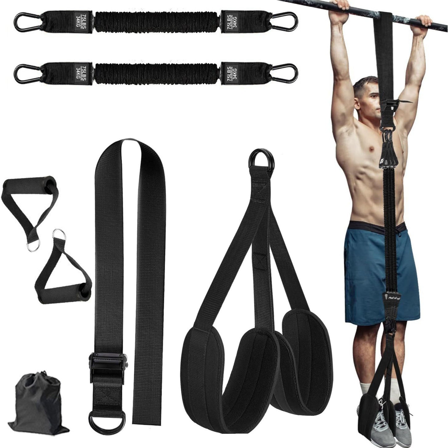 Black (150lb)Heavy Duty Pull-Up Assist Strap System With Foam Handles - Adjustable Resistance Trainer for V888-ELOSUNG39363