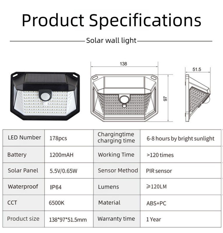 2-Pack Solar Motion Sensor Wall Light(178-Bead LED) - 3 Lighting Modes, IP64 Waterproof, Three-Sided V888-ELOSUNG393678