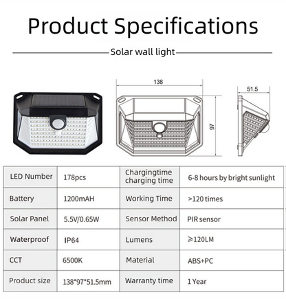 2-Pack Solar Motion Sensor Wall Light(178-Bead LED) - 3 Lighting Modes, IP64 Waterproof, Three-Sided V888-ELOSUNG393678